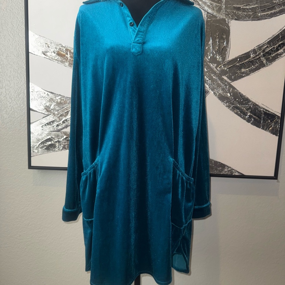 Velvet Teal Long-Sleeve Polo Dress